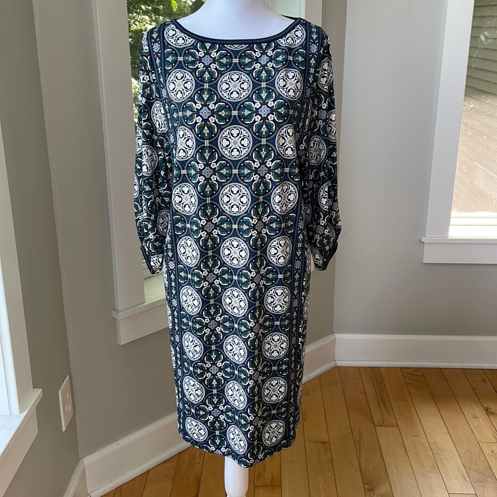 Max Studio Navy White Stretch Blouson Long Sleeve Tunic Dress Size XS